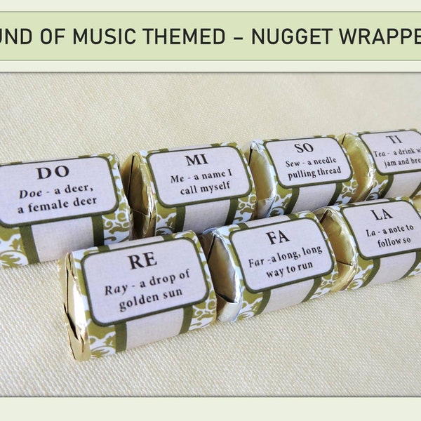 Sound of Music Inspired, Greenery, Olive Green Damask, Chocolate Nugget Wrapper, Mini Candy Bar Wrapper, PDF Digital Instant Download