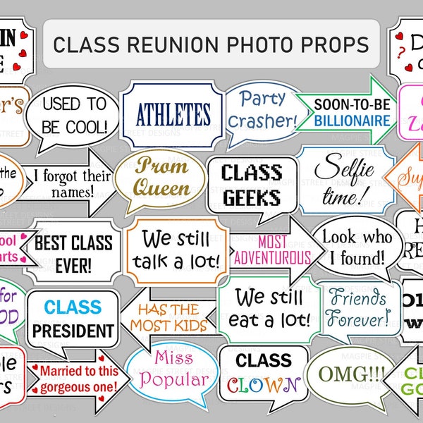 32 Class High School Reunion Photo Props / Speech Bubbles / Homecoming Photo Booth Props / Printable Party Decors Instant Download PDF