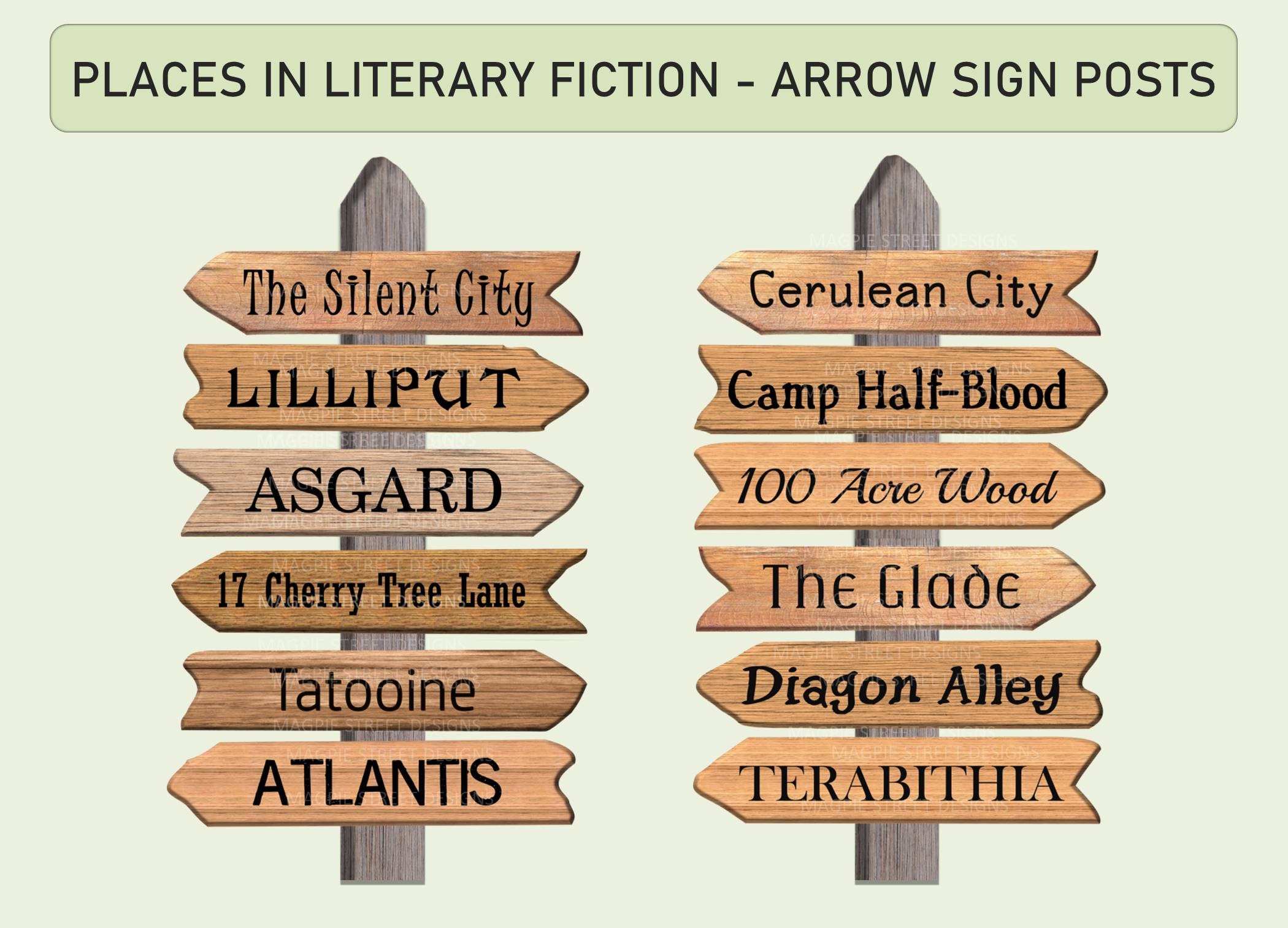 Printable Wooden Arrow Signs / Classroom Library Decor / Assorted Literary Fiction Book Places ...
