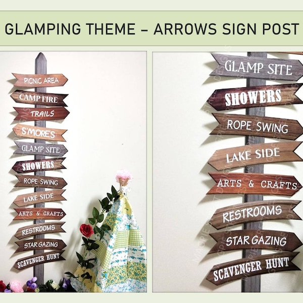 Printable Wooden Arrow Signs / Glamping Party Theme / Glam Festival Camping / PDF Digital Instant Download