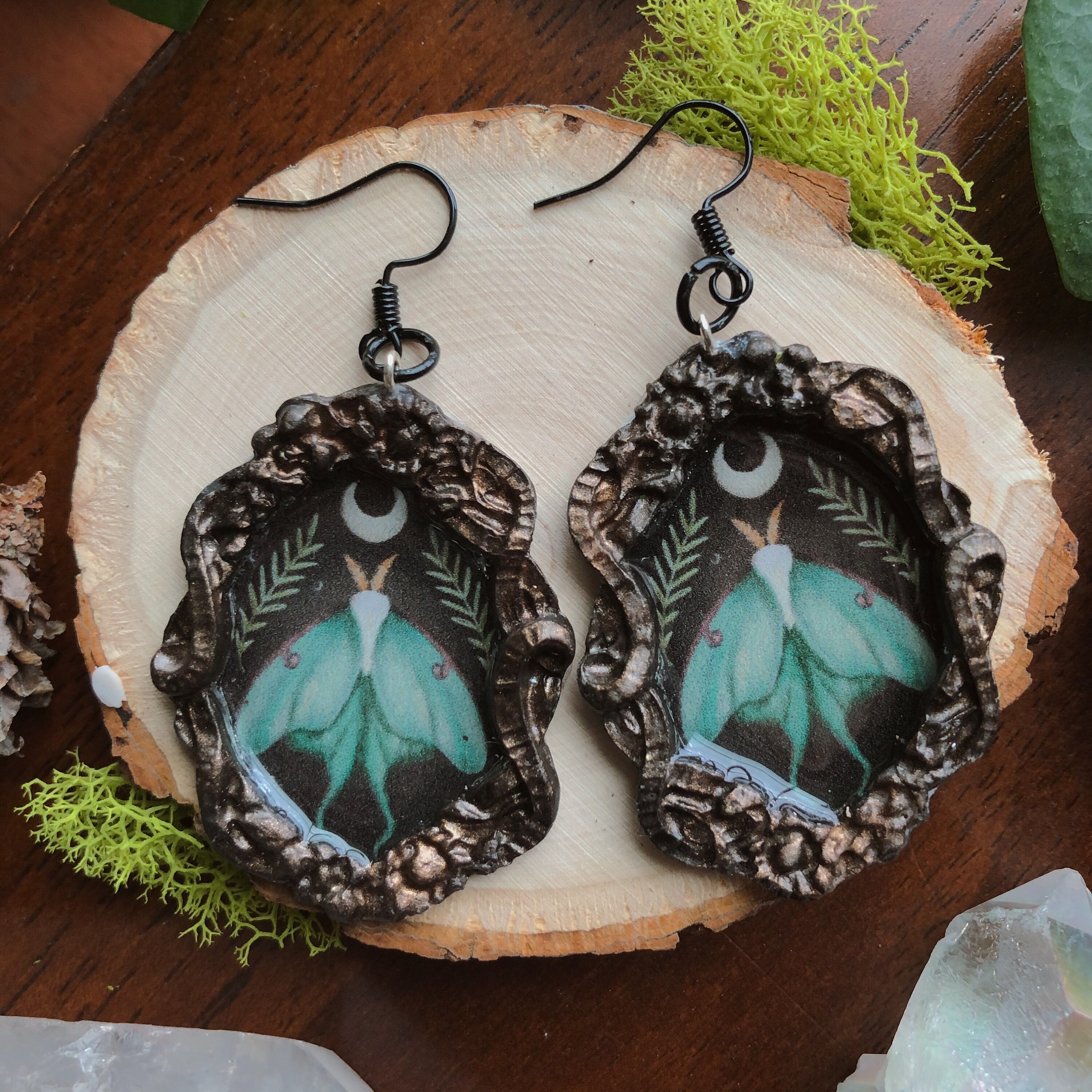 Vintage Styled Luna Moth Framed Earrings | Handmade Polymer Clay Jewe…