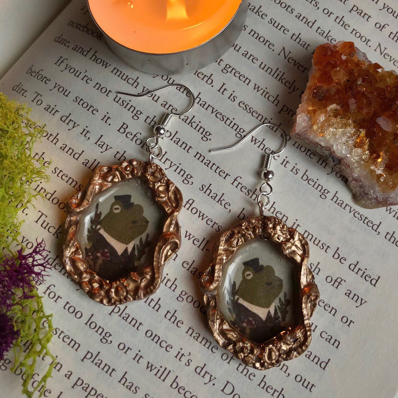 Vintage Frame Frog Earrings | Handmade Clay Earrings