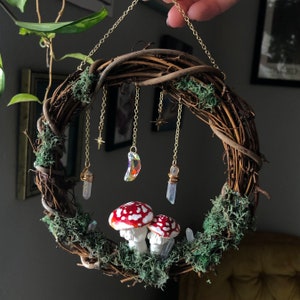 Suncatching Mossy Mushroom Wreath | Handmade Cottagecore Wall Decor