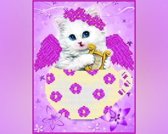 Cute cat small beaded cross stitch picture kit angel, Mini Bead embroidery craft kit kids pattern