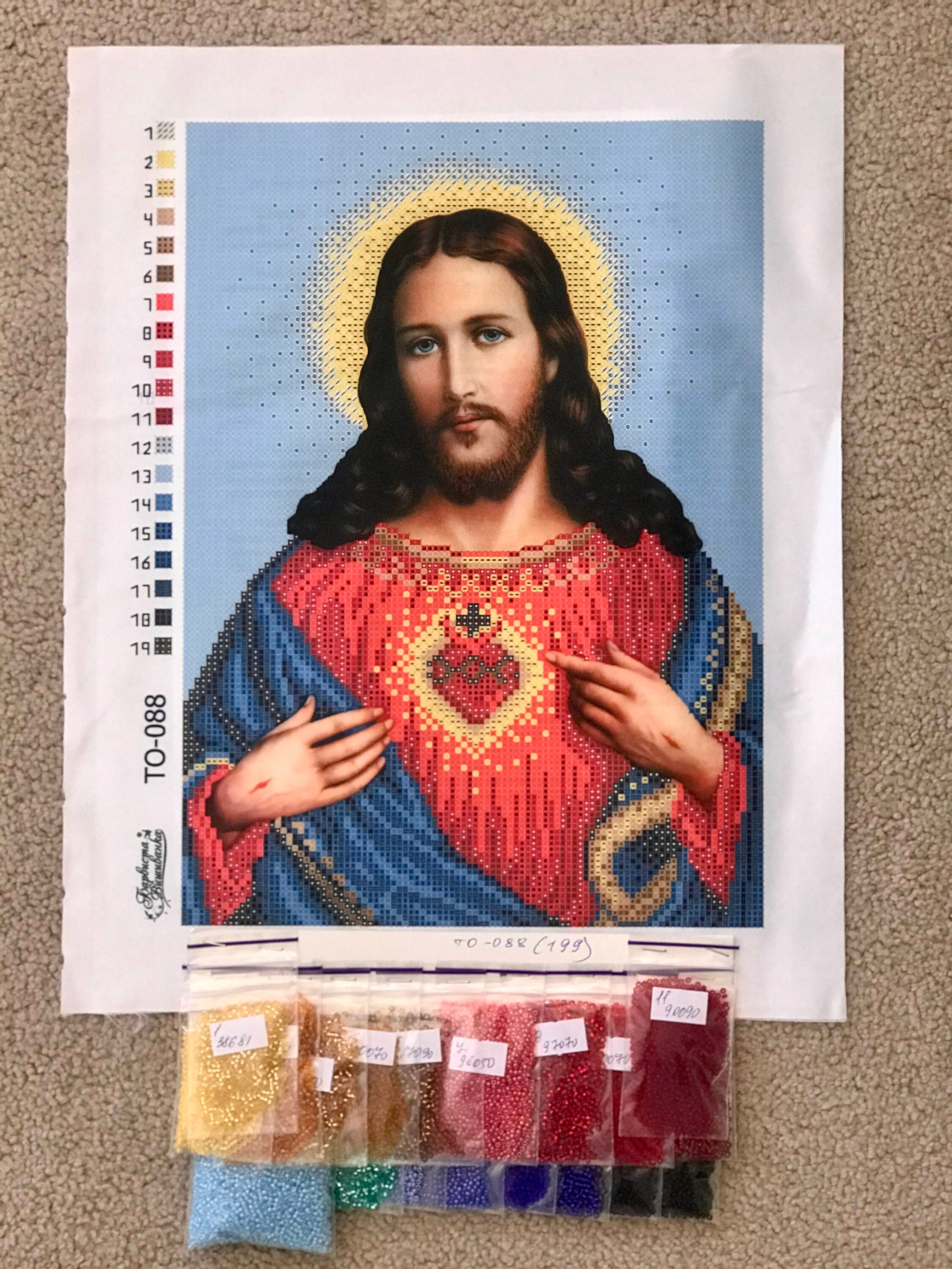 Religious beaded cross stitch kit Sacred Heart of Jesus | Etsy