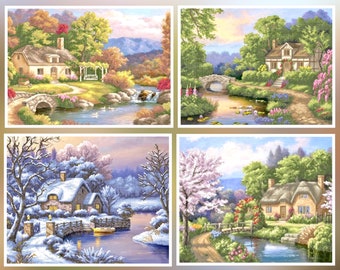 Large beaded cross stitch picture kit landscape pattern, DIY Bead embroidery kit spring summer autumn