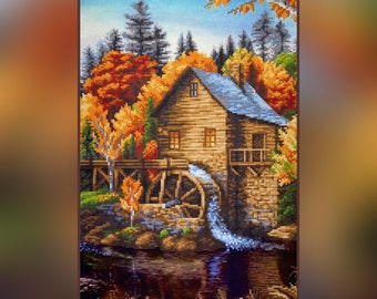 Large Bead stitch embroidery kit landscape pattern, Old mill beaded cross stitch picture kit