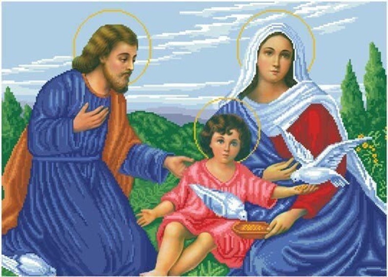 Holy family beaded embroidery kit Catholic icon religious pattern, bead cross stitch picture kit Virgin Mary Jesus Christ image 2