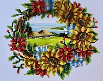 Small Easter wreath DIY Bead embroidery kit, egg hunt beaded cross stitch picture kit