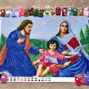 Holy family beaded embroidery kit Catholic icon religious pattern, bead cross stitch picture kit Virgin Mary Jesus Christ image 1