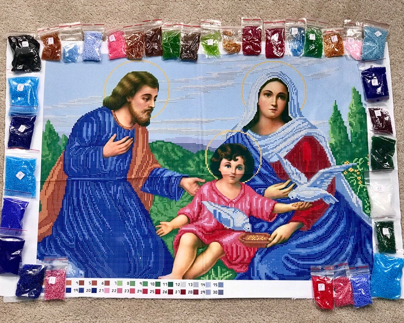 Holy family beaded embroidery kit Catholic icon religious pattern, bead cross stitch picture kit Virgin Mary Jesus Christ image 1