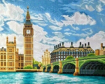 Large fully beaded cross stitch picture kit London landscape pattern, England bead embroidery kit