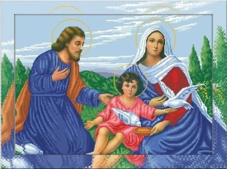 Holy family beaded embroidery kit Catholic icon religious pattern, bead cross stitch picture kit Virgin Mary Jesus Christ image 3