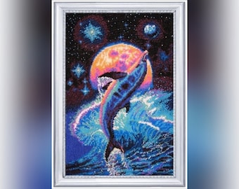 Small Bead stitch embroidery kit Dolphins Full coverage animal pattern, ocean beaded cross stitch picture kit