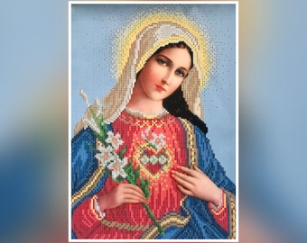 Beaded cross stitch picture kit Immaculate Heart of Mary, Catholic icon bead embroidery kit full coverage Religious pattern