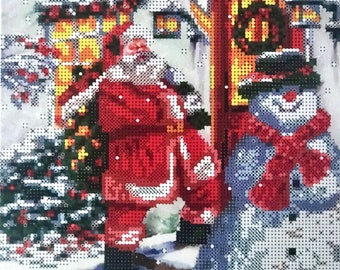 Santa Claus Bead embroidery kit Christmas pattern, Small Xmas beaded cross stitch picture kit gift