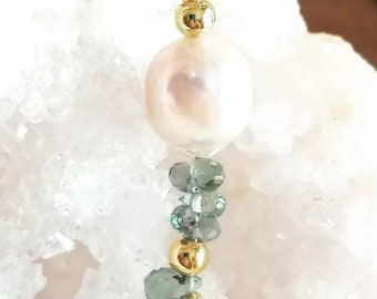 South Sea Pearl and Green Sapphire Crystal Healing Gold Plated Necklace - Pearl Collection - 'Ocean Beauty'