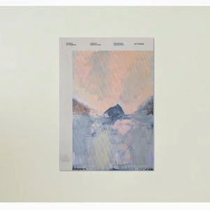 May include: Abstract landscape painting featuring a mountain and water scene in shades of blue, pink, and brown. The artwork is on a white background with text at the top. The painting has a textured, brushstroke appearance.