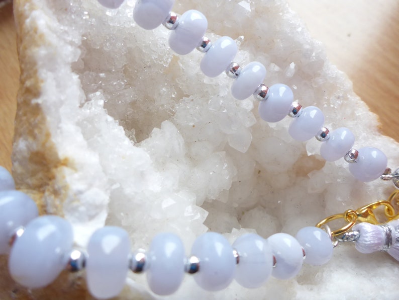 /'Inner Peace/' Blue Lace Agate Bracelet with Gold Plated 925 Sterling Silver Heart Extender Chain