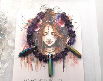 May include: Amethyst gemstone bracelet with iridescent crystal accents. The bracelet is made with small, irregular shaped amethyst stones and features two long, iridescent crystal points. The bracelet is shown on a white card with the text "Faith Jewellery" and a website address.
