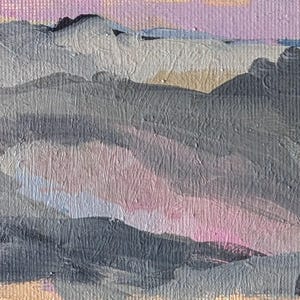 May include: Small landscape painting on textured canvas. The artwork depicts a sky with pink and yellow hues, and dark grey cloud-like shapes. Signed by the artist, with the name "Wasdace" and initials "R. Hall".