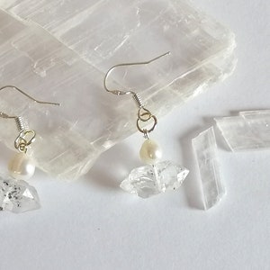 Herkimer Diamond - Wedding Collection - Herkimer Diamond & Pearl Sterling Silver Earrings - Wedding Gift - Crown Chakra - &#39;Flower Fairy&#39;