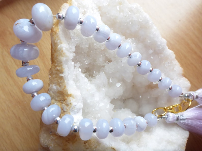 /'Inner Peace/' Blue Lace Agate Bracelet with Gold Plated 925 Sterling Silver Heart Extender Chain