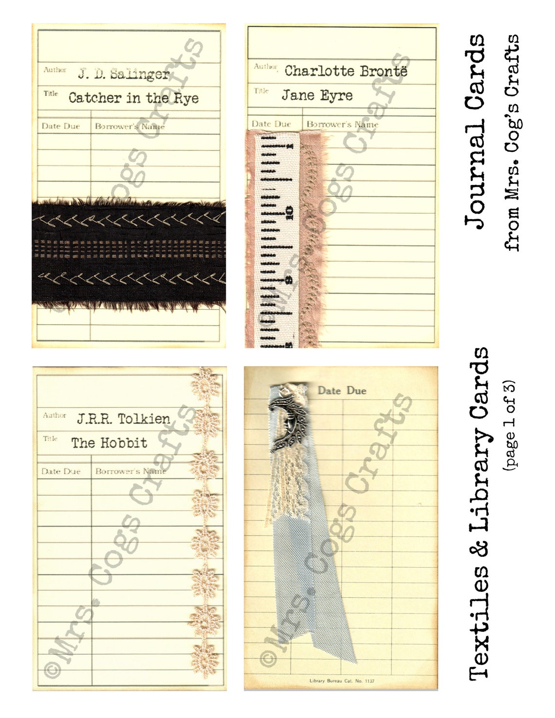 Textiles & Library Cards - Digital Images, Printable Index Cards ...