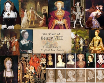 Könnte beinhalten: Eine Collage von Porträts der sechs Frauen von König Heinrich VIII. von England. Die Frauen sind in ihren traditionellen Gewändern dargestellt, mit dem Titel "Die Frauen von Heinrich VIII." und "Klassische Bilder Digitale Downloads" unter den Porträts.