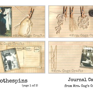 May include: Four vintage-style journal cards with a clothespin theme. Each card features a different image, including a woman hanging laundry, a postcard, and a clothespin with a tag. The cards are decorated with lace, twine, and a button.