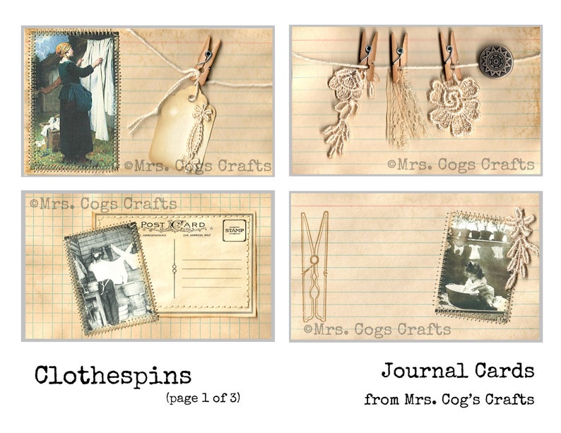 May include: Four vintage-style journal cards with a clothespin theme. Each card features a different image, including a woman hanging laundry, a postcard, and a clothespin with a tag. The cards are decorated with lace, twine, and a button.