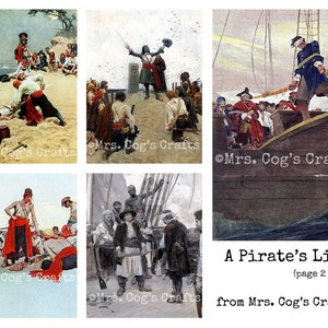 May include: A set of six vintage illustrations depicting scenes from a pirate's life. The illustrations are in a cartoon style and feature pirates, ships, and treasure.