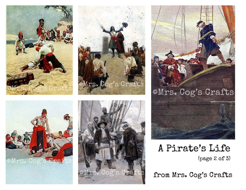 May include: A set of six vintage illustrations depicting scenes from a pirate's life. The illustrations are in a cartoon style and feature pirates, ships, and treasure.
