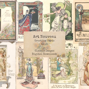 Conjunto de tarjetas de felicitación Art Nouveau n.° 1: postales navideñas, imágenes digitales, fichas imprimibles, descarga instantánea, collage digital, tarjetas