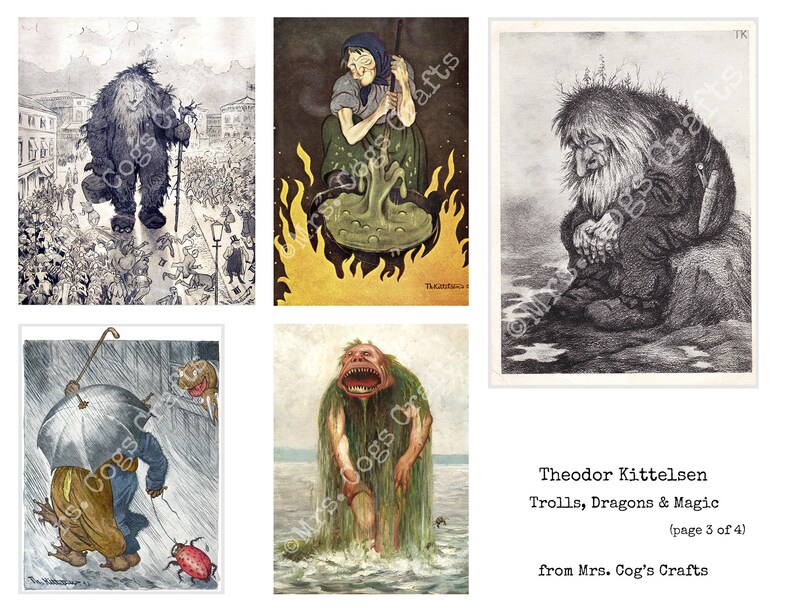 Theodor Kittelsen Trolls, Dragons & Magic, Printable Images, Ephemera Classics, Vintage Art, Instant Download, Digital Collage image 4