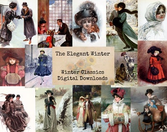 May include: A collage of vintage illustrations featuring people in winter clothing. The images include a couple ice skating, a woman in a fur coat, a child in a red dress, and a group of people walking in the snow. The text "The Elegant Winter" and "Winter Classics Digital Downloads" is displayed on a brown background.