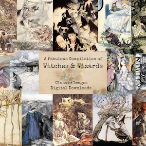Op de afbeelding: Een collage van vintage illustraties met heksen en tovenaars. De afbeeldingen tonen scènes met magie, vliegen en fantastische wezens. De tekst "A Fabulous Compilation of Witches & Wizards" wordt in het midden van de collage weergegeven.