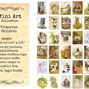 Op de afbeelding: Een verzameling van 30 vintage afbeeldingen van Victoriaanse kinderen, de meeste meten 5,7 cm bij 4,4 cm. De afbeeldingen zijn geweldig voor dagboeken, versieringen, zakvullers, labels en knutselwerk. De afbeeldingen zijn klassieke Victoriaanse kinderen in miniatuur van Mrs. Cog's Crafts.
