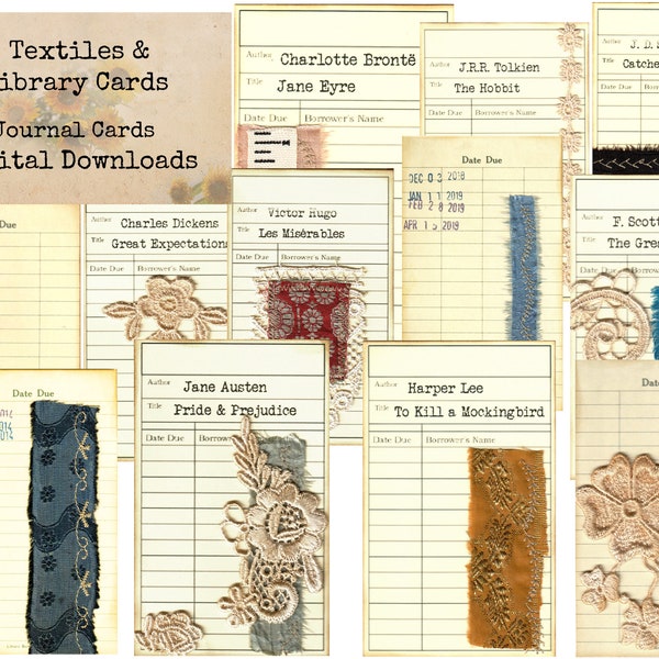 Textiles & Library Cards -  Digital Images, Printable Index Cards, Instant Download, Digital Collage, Altered Cards, Library Cards