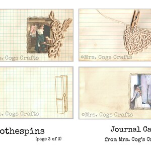 May include: Four printable journal cards with a vintage aesthetic. Each card features a different design, including a heart, a clothespin, a girl in a dress, and a woman in a dress. The cards are all on a lined paper background with the text "Mrs. Cogs Crafts" at the bottom.