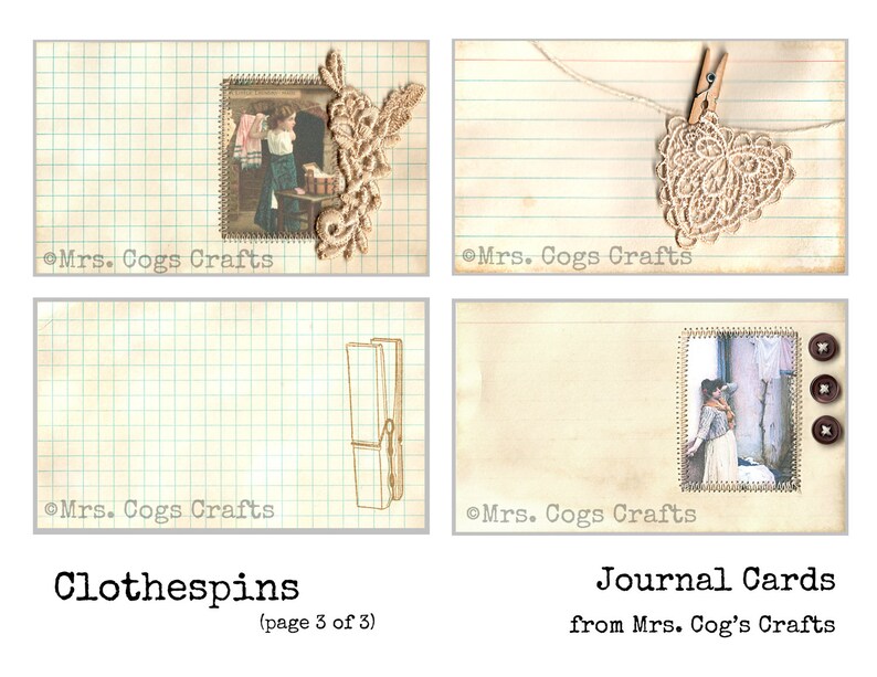 May include: Four printable journal cards with a vintage aesthetic. Each card features a different design, including a heart, a clothespin, a girl in a dress, and a woman in a dress. The cards are all on a lined paper background with the text "Mrs. Cogs Crafts" at the bottom.