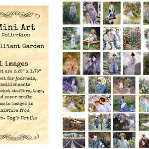 Op de afbeelding: Een verzameling van 31 digitale afbeeldingen met vintage illustraties van tuinen en vrouwen in tuinen. De afbeeldingen zijn ongeveer 5,7 cm bij 4,4 cm. De tekst "Mini Art Collection Brilliant Garden" staat bovenaan de afbeelding.