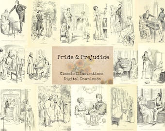 May include: A collage of 12 black and white illustrations from the novel Pride & Prejudice by Jane Austen. The illustrations depict scenes from the book, such as characters interacting in a drawing room, a garden, and a carriage.