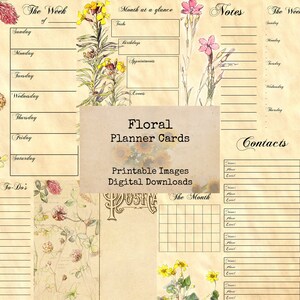 May include: Printable floral planner cards with a vintage aesthetic. The cards feature various floral illustrations, including clover, wildflowers, and roses. The cards include sections for "The Week", "Month at a Glance", "Notes", "To-Do's", and "Contacts".