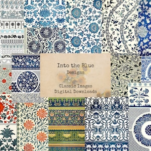 Pode incluir: Uma colagem de imagens digitais com padrões florais, bordas e designs azuis e brancos. O texto "Into the Blue Designs" e "Classic Images Digital Downloads" é exibido em um fundo marrom.