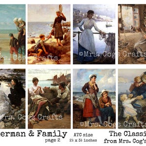 K&ouml;nnte beinhalten: Eine Collage aus acht Vintage-Gem&auml;lden, die Szenen von Fischern und ihren Familien darstellen. Die Gem&auml;lde sind im traditionellen Stil gehalten und zeigen ged&auml;mpfte Farben. Die Gem&auml;lde sind in einem Raster angeordnet und von einem wei&szlig;en Rand umgeben. Der Text "Fisherman & Family" und "The Classics from Mrs. Cog's Crafts" ist im Bild enthalten.