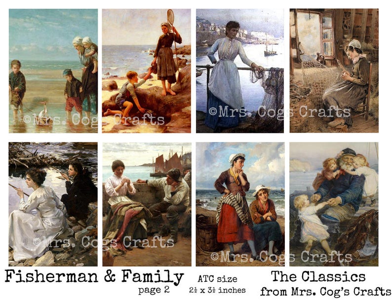 K&ouml;nnte beinhalten: Eine Collage aus acht Vintage-Gem&auml;lden, die Szenen von Fischern und ihren Familien darstellen. Die Gem&auml;lde sind im traditionellen Stil gehalten und zeigen ged&auml;mpfte Farben. Die Gem&auml;lde sind in einem Raster angeordnet und von einem wei&szlig;en Rand umgeben. Der Text "Fisherman & Family" und "The Classics from Mrs. Cog's Crafts" ist im Bild enthalten.