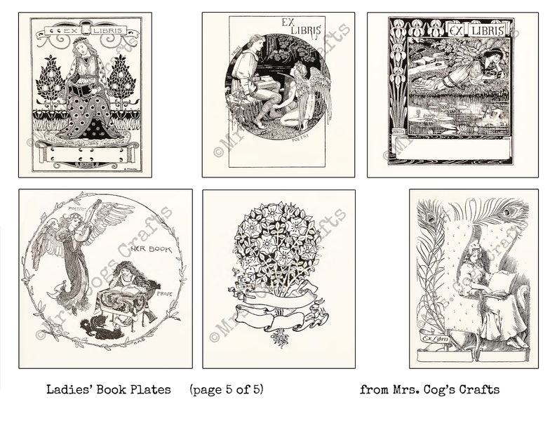 May include: Six black and white illustrations of bookplates featuring angels, flowers, and women reading. The text "EX LIBRIS" appears on three of the bookplates.
