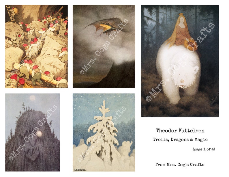 Theodor Kittelsen Trolls, Dragons & Magic, Printable Images, Ephemera Classics, Vintage Art, Instant Download, Digital Collage image 2