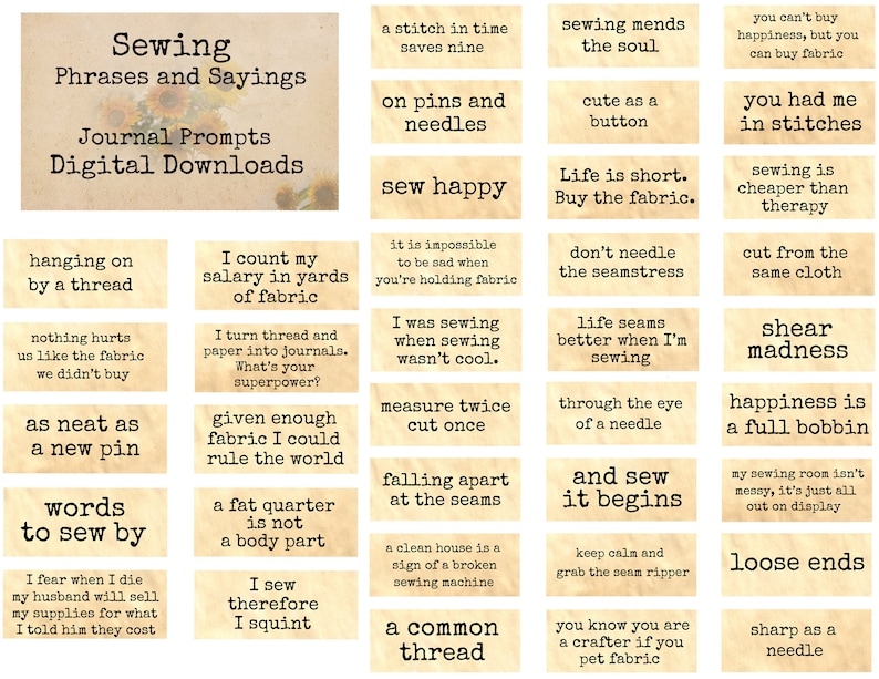 sewing phrases and sayings journal prompts printable words